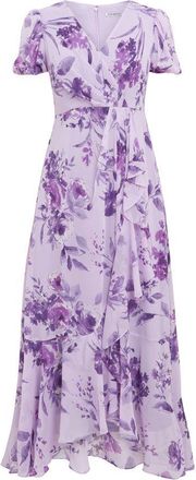 Gina Bacconi Womens Elda Long Printed Dress With Surplice Neckline Short Sleeve - Lilac - Size 10 UK