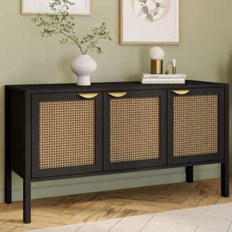 IDMarket Aparador Bajo De 3 Puertas Edhen 110 Cm En Madera Negra Y Ca&ntilde;a
