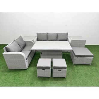 Fimous 8 Seater pe Rattan Wicker Garden Furniture Patio Conservatory Sofa Set with Adjustable Lifting Dining or Coffee Table 3 Seater Sofa Love Sofa 3 Stool