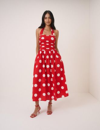 Nobody's Child Red Polka Dot Halterneck Lilah Midi Dress