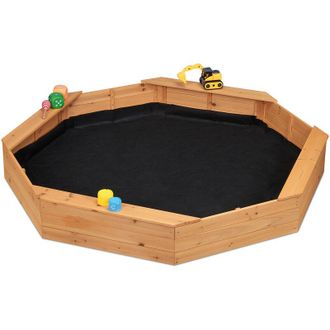 Relaxdays Sabbiera per Bambini, con Sedute, Sandbox in Legno, Base in tnt, HxLxP: 22,5x160x160 cm, Ottagonale, Naturale - Relaxdays