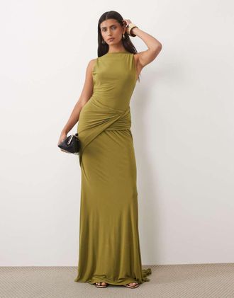 Asos vestito maxi morbido con vita arricciata color oliva-Verde