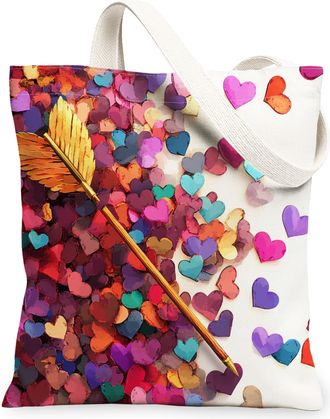 Generic Heart Design Canvas Tote Bags, Colorful Love Reusable Grocery Bags, Spring Floral Lightweight Washable Shoulder Strap Canvas for Travel Beach 13x15 In