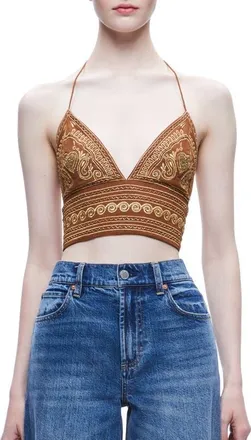 Alice & Olivia Carli Beaded Embroidered Halter Bra Top in Camel/gold at Nordstrom, Size 10
