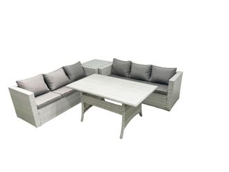 Fimous Rattan Garden Furniture Set 6 Seater Outdoor Sofa Set with Dining Table Side Table Light Grey Mixed