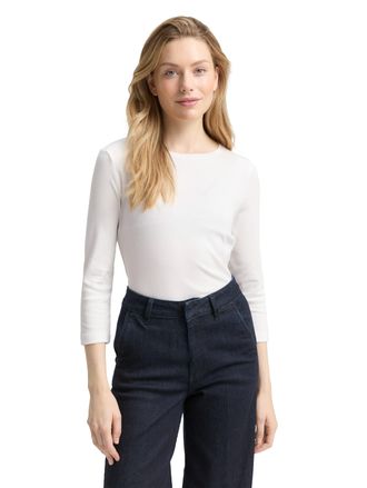 Tom Tailor 3/4-Arm-Shirt TOM TAILOR, Damen, Gr. XXL, whisper wei&szlig;, Web, Obermaterial: 97% Baumwolle, 3% Elasthan, unifarben, slim fit normal, Rundhals, gerader A