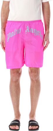 Palm Angels Fuchsia Curved Logo Swim Shorts