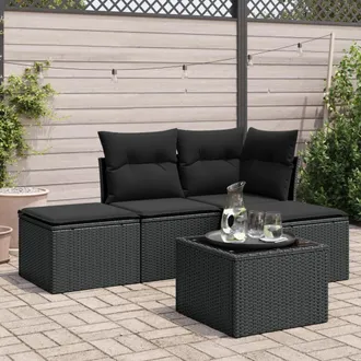 vidaXL Set De Muebles De Jard&iacute;n 5 Pzas Y Cojines Rat&aacute;n Sint&eacute;tico Negro Vidaxl