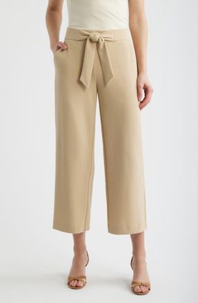 Anne Klein Tie Front Pull-On Wide Leg Crop Pants in Safari at Nordstrom, Size X-Small P