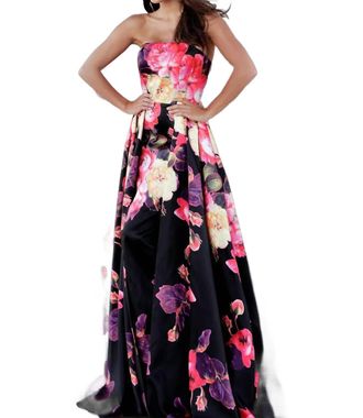 Jovani Floral Print Pleated Skirt Strapless Prom Dress