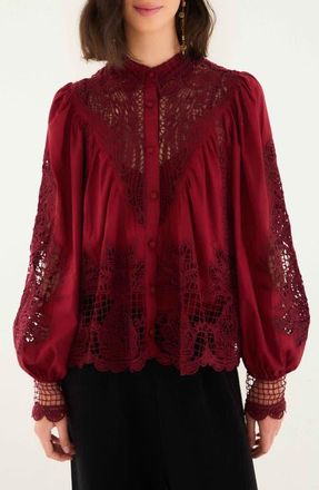 Farm Rio Guipure Lace Cotton Button-Up Shirt in Burgundy at Nordstrom, Size Small