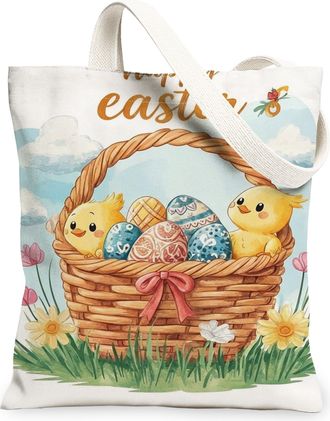 Generic Easter Chick Canvas Tote Bags, Cute Bird Floral Pattern Reusable Grocery Bags, Spring Lightweight Washable Shoulder Strap C, White, 13x15 Inch