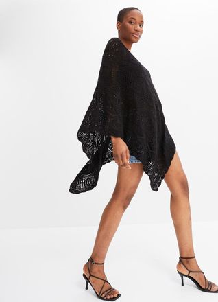 Bonprix Strickponcho BONPRIX Poncho, Damen, schwarz, Obermaterial: 50% Baumwolle, 50% Polyacryl, figurumspielend, Pullover Strickponcho, aus Baumwolle und Pol