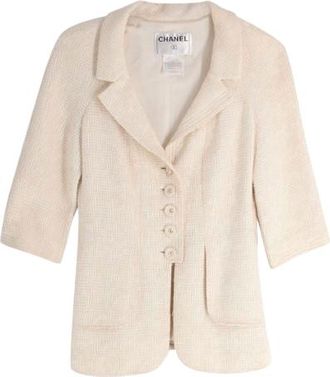 Chanel Cream 3/4 Length Sleeves Button Up Tweed Jacket Size XS