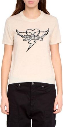 Zadig&Voltaire Idal Aero Heart Crystal Embellished Short Sleeve Cashmere Graphic Sweater in Eggshell at Nordstrom, Size X-Small