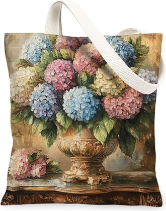 Generic Spring Farmhouse Hydrangea Canvas Tote Bag for Shopping 13x15, Rustic Farm Floral Reusable Grocery Print Bag for Women Men, Country Flower Aesthetic P