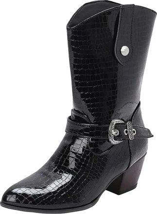 Generic Womens Fashion Mid Calf Boots Round Toe High Chunky Heel Slip On With Metal Belt Buckle For Dating And Parties
