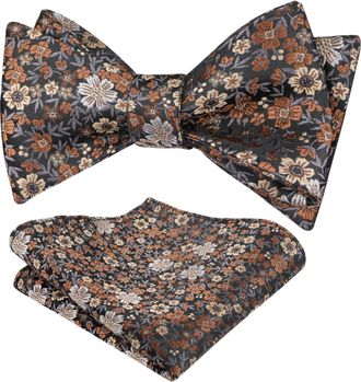 Alizeal Mens Self Tied Floral Classic Bow Tie and Pocket Square Colorful Wedding Party Bow Tie and Handkerchief Set, Black+Brown+Gray