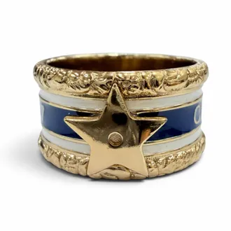 Dior Gold Navy White Metal Band Ring (Pre-Owned)