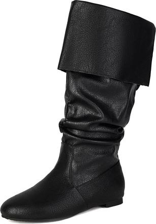 Generic Womens Slouchy Mid-Calf Boots Faux Leather Fold-Over Cuff Round Toe Flat Heels Comfortable Non-Slip Cosplay Costume Casual Daily Shoes,Black,8.5 UK