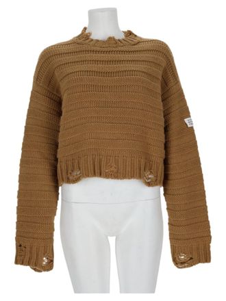 Maison Margiela Cropped Knit Sweater With Distressed Hem And Patch Detail