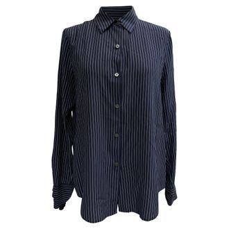 Theory Tie Cuff Striped Blouse in Navy Blue Silk
