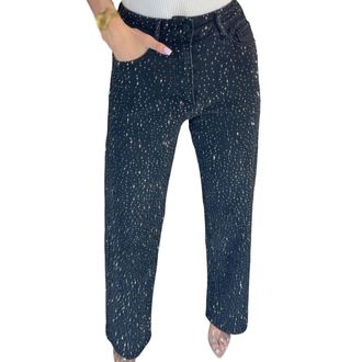 Generic Rhinestone-Embellished Straight-Leg Jeans,Baggy Straight Casual Rhinestone Embellished High Waisted Jeans (Black,L)