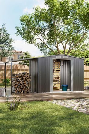 Living and Home 8x4 ft Apex Metal Shed Garden Storage Shed with Double Door and Sun Shelter in Grey
