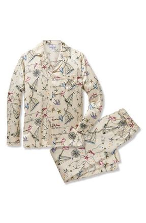 Petite Plume Regatta Print Mulberry Silk Pajamas in Beige at Nordstrom, Size X-Large