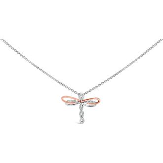 House of Brilliance 14K Rose Gold Plated Sterling Silver 1/10 Cttw Diamond Dragonfly Pendant Necklace in White Gold Over Silver at Nordstrom