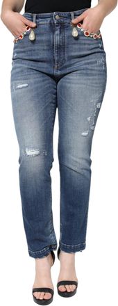 Dolce & Gabbana Womens Dark Blue Cotton Tattered Skinny Denim Jeans Elastane Clothing