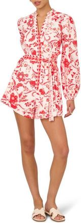 Adrianna Papell Floral Long Sleeve Cotton Romper in White/Coral Multi at Nordstrom, Size 10