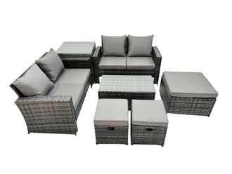 Fimous Lounge Double Seat Sofa Coffee Table Set with Side Table 3 Stool in Dark Grey