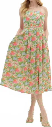 Entro Strapless Floral Midi Dress In Green