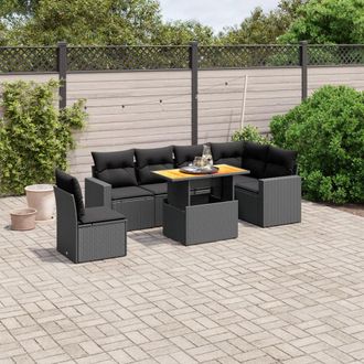 vidaXL Set De Comedor De Jard&iacute;n 7 Pzas Y Cojines Rat&aacute;n Sint&eacute;tico Negro Vidaxl