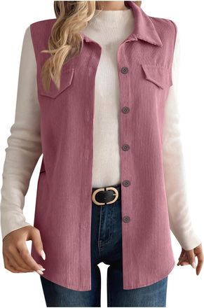 Generic Womens Lightweight Softshell Gilets Corduroy Lapel Tank Tops Button Down Sleeveless Denim Jacket Casual Mid-Long Jean Vest Waistcoat Jacket Vintage Di