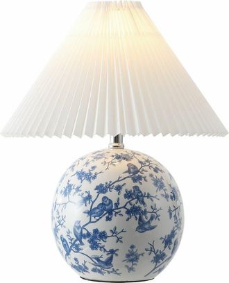 Jonathan Y Designs Shishen Cottage Classic Chinoiserie Ceramic Orb LED Table Lamp with Pleated Shade in White/blue at Nordstrom