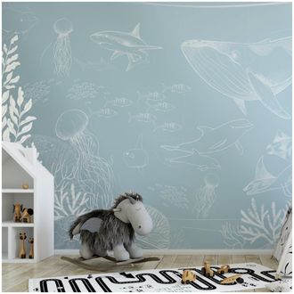 Acte D&eacute;co Papel pintado panor&aacute;mico oc&eacute;ano y animales marinos azul cielo 450x250c