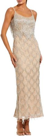 Mac Duggal Thin Strap Fringe Beaded Mesh Dress in Nude Silver at Nordstrom, Size 10