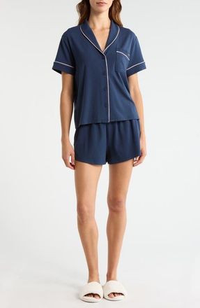 Lunya Slumberknit Shawl Collar Short Pajamas in Deep Blue/Delicate Pink at Nordstrom, Size X-Small