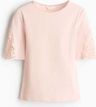 H&M Geripptes Shirt mit Spitze - Hellrosa