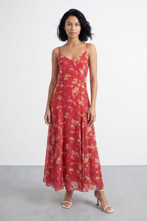 Warehouse Womens Floral and Spot Print Cowl Back Maxi Slip Dress - Red - Size 10 UK