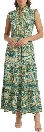 London Times Ruffle Trim Smocked Waist Maxi Dress in Eggnog/Pesto at Nordstrom Rack, Size 16