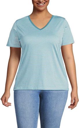 Lands End Relaxed Supima Cotton V-Neck T-Shirt in Bright Aqua Micro Stripe at Nordstrom, Size 2X