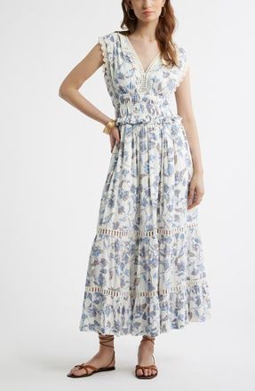 Treasure & Bond Floral Lace Trim Tiered Midi Dress in Ivory- Blue Boho Bloom at Nordstrom, Size Xx-Large