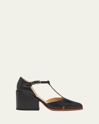 Gabriela Hearst Hawes Leather T-Strap Block-Heel Pumps