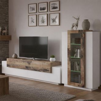 Dmora Mueble De Sal&oacute;n Modular, Made In Italy, Con Luz Led Blanca, Mueble Para Tv Y Vitrina, Conjunto De Sal&oacute;n Moderno, 290x45h121 Cm, Blanco Brillante Y Col