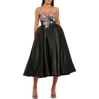 Mac Duggal One Shoulder Satin Midi Dress With Beaded Flowers in Black Multi at Nordstrom, Size 10