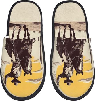 Generic Fluffy Slippers Vintage Cowboy Riding Horse Warm House Slippers Cozy Indoor Shoes For Home Room Bedroom M