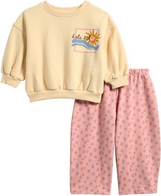 Next Kids Graphic Sweatshirt & Wide Leg Sweatpants Set in Yellow at Nordstrom, Size 6-7Y